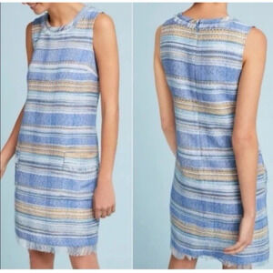 Anthropologie Akemi + Kin Blue Woven Striped Shift Dress Size 0 Pockets Fringe